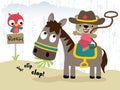 Funny bear cartoon in cowboy costume riding horse with lasso, little owl perch on board Royalty Free Stock Photo