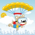 Funny bear cartoon fly with parachute