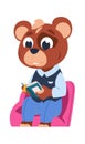 Funny bear character. Little forest citizen sitting and studying, animal reading book. Schoolchild uniform shop