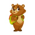 Funny Bear Cub with Cute Snout Stand with Backpack Vector Illustration