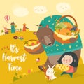 Funny bear, bunny and cute girl harvesting