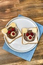 Funny bear face sandwich toast bread with peanut butter, cheese and raspberry on plate napkin wooden background. Kids child sweet Royalty Free Stock Photo