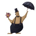 Funny bear gentleman with flowers and umbrella, watercolor style illustration, clipart with cartoon character Royalty Free Stock Photo