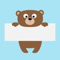 Funny bear hanging on paper board template.Big eyes. Kawaii animal body. Cute cartoon character. Baby card. Flat design style. Blu