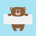 Funny bear hanging on paper board template. Kawaii animal body. Cute cartoon character. Baby card. Flat design style. Blue backgro