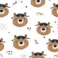 Funny bear pilot watercolor seamless pattern. Childish vector texture with cartoon bear Royalty Free Stock Photo