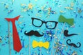 funny beard, glasses, mustache, tie and bow. Father& x27;s day concept