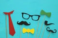 funny beard, glasses, mustache, tie and bow. Father& x27;s day concept