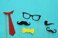 funny beard, glasses, mustache, tie and bow. Father& x27;s day concept