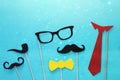 funny beard, glasses, mustache, tie and bow. Father& x27;s day concept