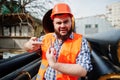 Brutal beard worker man suit construction worker Royalty Free Stock Photo