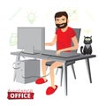 Funny bearded freelancer working at home on the computer with no