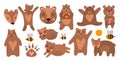 Funny bears in different poses. Cute animals love honey and are friends with bees. Cartoon bear for printing on children`s