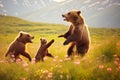 Funny bears playing in field together. Generative AI