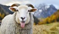 Funny beautiful sheep Portrait of sheep showing tongue