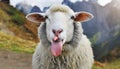 Funny beautiful sheep Portrait of sheep showing tongue