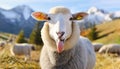 Funny beautiful sheep Portrait of sheep showing tongue