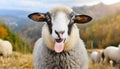 Funny beautiful sheep Portrait of sheep showing tongue