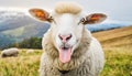 Funny beautiful sheep Portrait of sheep showing tongue