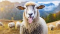 Funny beautiful sheep Portrait of sheep showing tongue