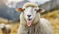 Funny beautiful sheep Portrait of sheep showing tongue