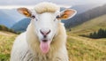 Funny beautiful sheep Portrait of sheep showing tongue