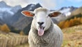 Funny beautiful sheep Portrait of sheep showing tongue