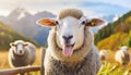 Funny beautiful sheep Portrait of sheep showing tongue