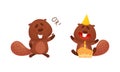 Funny Beaver Character with Flat Tail Celebrating Birthday with Cake and Showing Ok Gesture Vector Set