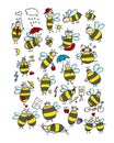 Funny bee collection, sketch for your design Royalty Free Stock Photo