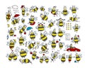 Funny bee collection, sketch for your design Royalty Free Stock Photo