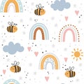 Funny bee and rainbow seamless pattern Royalty Free Stock Photo