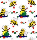 Funny bees collect nectar. Seamless pattern. Royalty Free Stock Photo