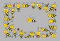 Funny Bees family. Beehive for your design. Horizontal banner with place for text