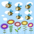 Funny bees flying over flowers. Royalty Free Stock Photo
