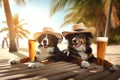 Funny Bernese mountain dogs with glasses of cold beer on tropical beach, generative ai Royalty Free Stock Photo