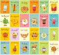 Funny best friends food characters with emotions, includes fast food and fruits, vector illustrations.