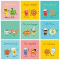 Funny best friends food characters with emotions, includes fast food and fruits, vector illustrations.