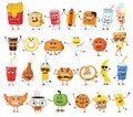 Funny best friends food characters with emotions, includes fast food and fruits, vector illustrations.