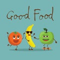 Funny best friends food characters with emotions, includes fast food and fruits, vector illustrations.