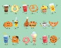 Funny best friends food characters with emotions, includes fast food and fruits, vector illustrations.