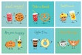 Funny best friends food characters with emotions, includes fast food and fruits, vector illustrations.