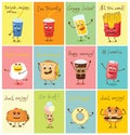 Funny best friends food characters with emotions, includes fast food and fruits, vector illustrations.