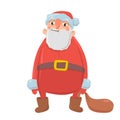 Funny bewildered Santa Claus with bag of presents on white background. Santa looks tired, confused or amused. Merry