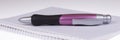 Funny big ballpoint pen on empty notebook Royalty Free Stock Photo