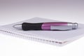 Funny big ballpoint pen on empty notebook Royalty Free Stock Photo