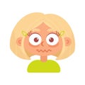 Funny big-eared blonde girl with a square is terrified, frightened. In cartoon style. Human emotions. Psychological