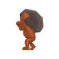 Funny bigfoot carrying heavy stone on his back, mythical creature cartoon character vector Illustration on a white