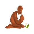 Funny bigfoot sitting on its knees and looking at flower, mythical creature cartoon character vector Illustration on a