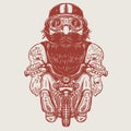 Funny biker caricature. Racer on little motorcycle.